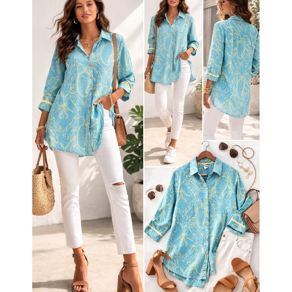 Natori Cruz Asian Button-Up Top Women's Size M Blue Paisley Cotton Casual Boho